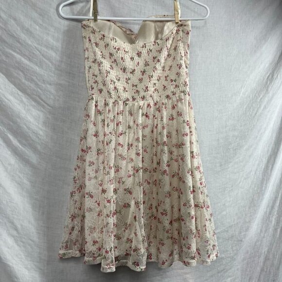 Strapless Floral Lace Midi Dress Womens S/M Smocked Bodice Cottagecore Fairy - Picture 8 of 13